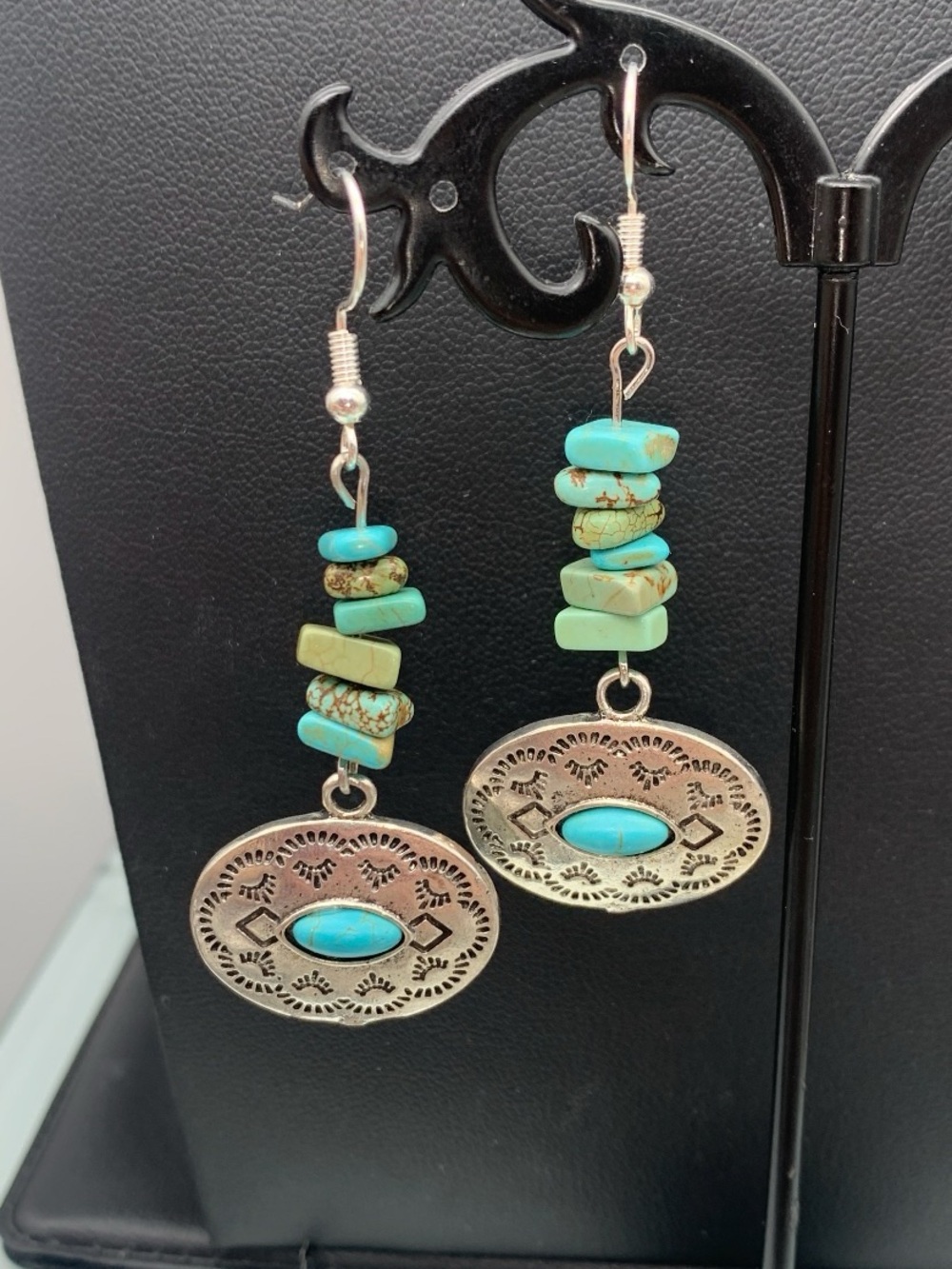 Silver tone & Real and faux Turquoise Stone Concho style dangle Earrings